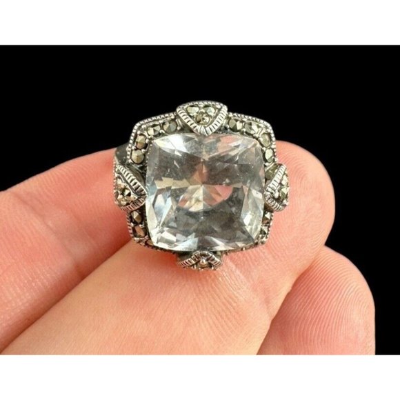 Signed 925 CNA Sterling Silver Marcasite Clear Cubic Zirconia Band Size 6 - Picture 1 of 8